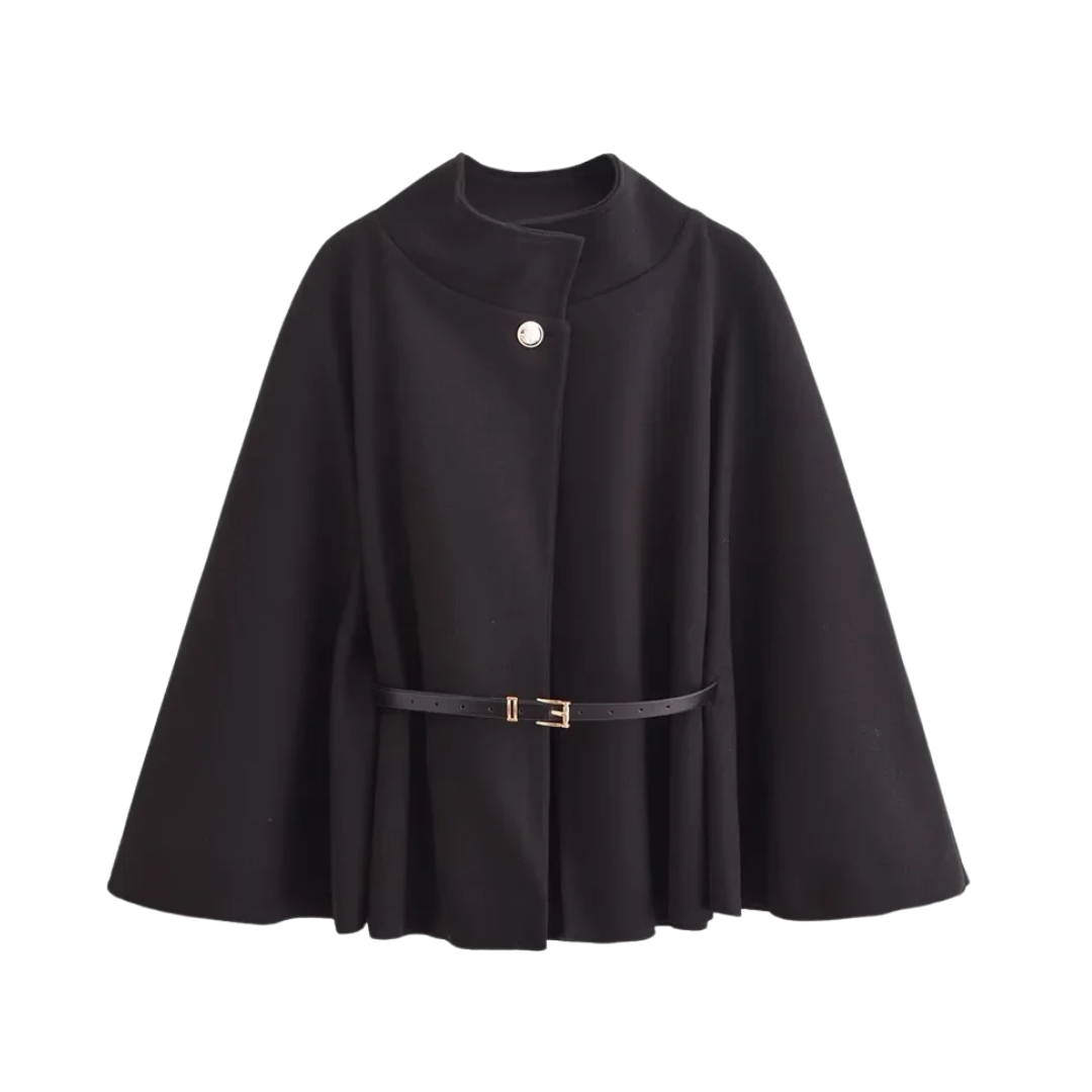 Olivia -  Brown Cape Coat with Belt & High Collar.