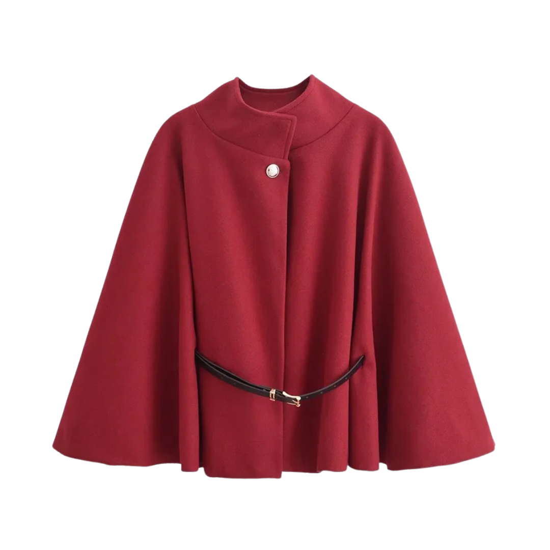 Olivia -  Brown Cape Coat with Belt & High Collar.