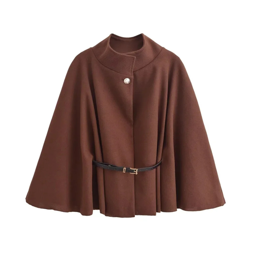 Olivia -  Brown Cape Coat with Belt & High Collar.