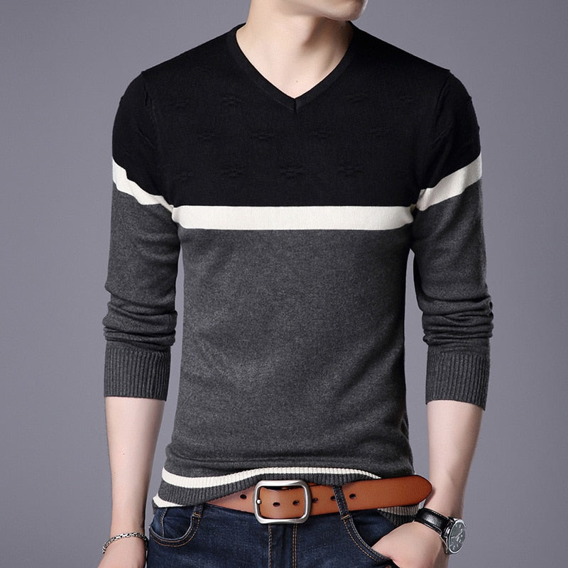 Miguel - Men's V-neck Jumper with White Stripe.