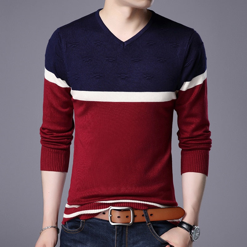 Miguel - Men's V-neck Jumper with White Stripe.