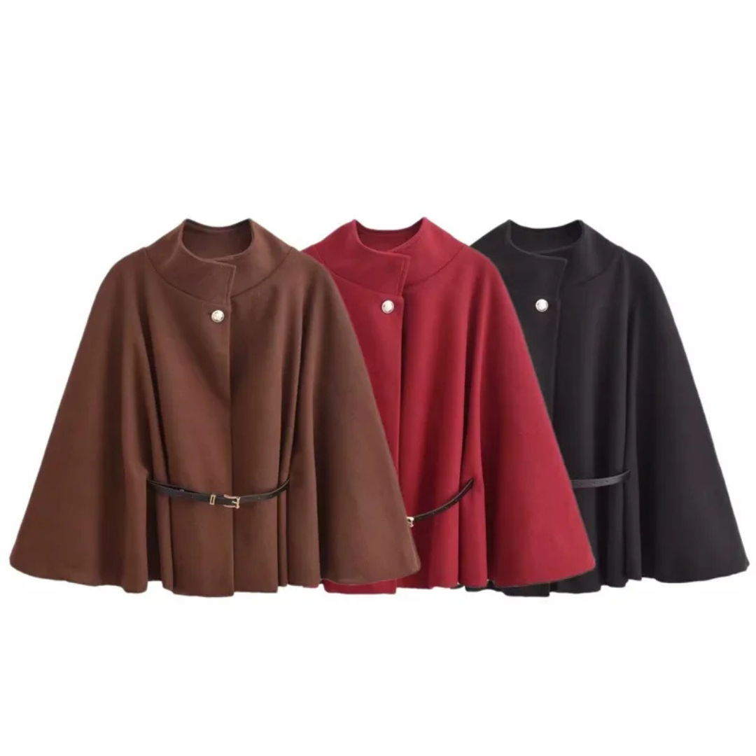 Olivia -  Brown Cape Coat with Belt & High Collar.